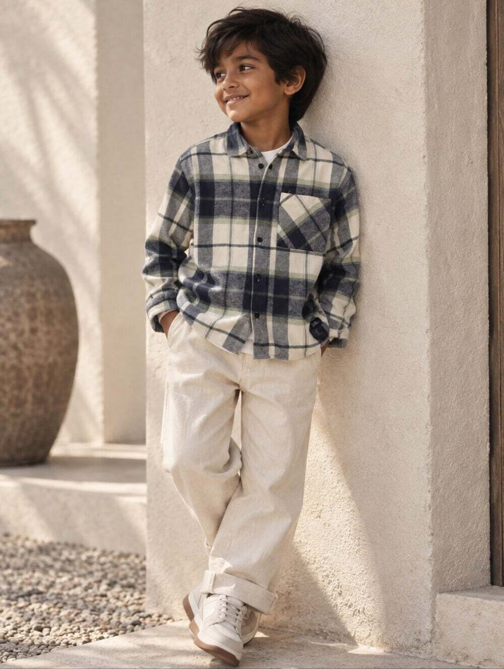 Zara Boys Plaid Flannel Shirt Navy Green Cream 9-10Y 140 100% Cotton
